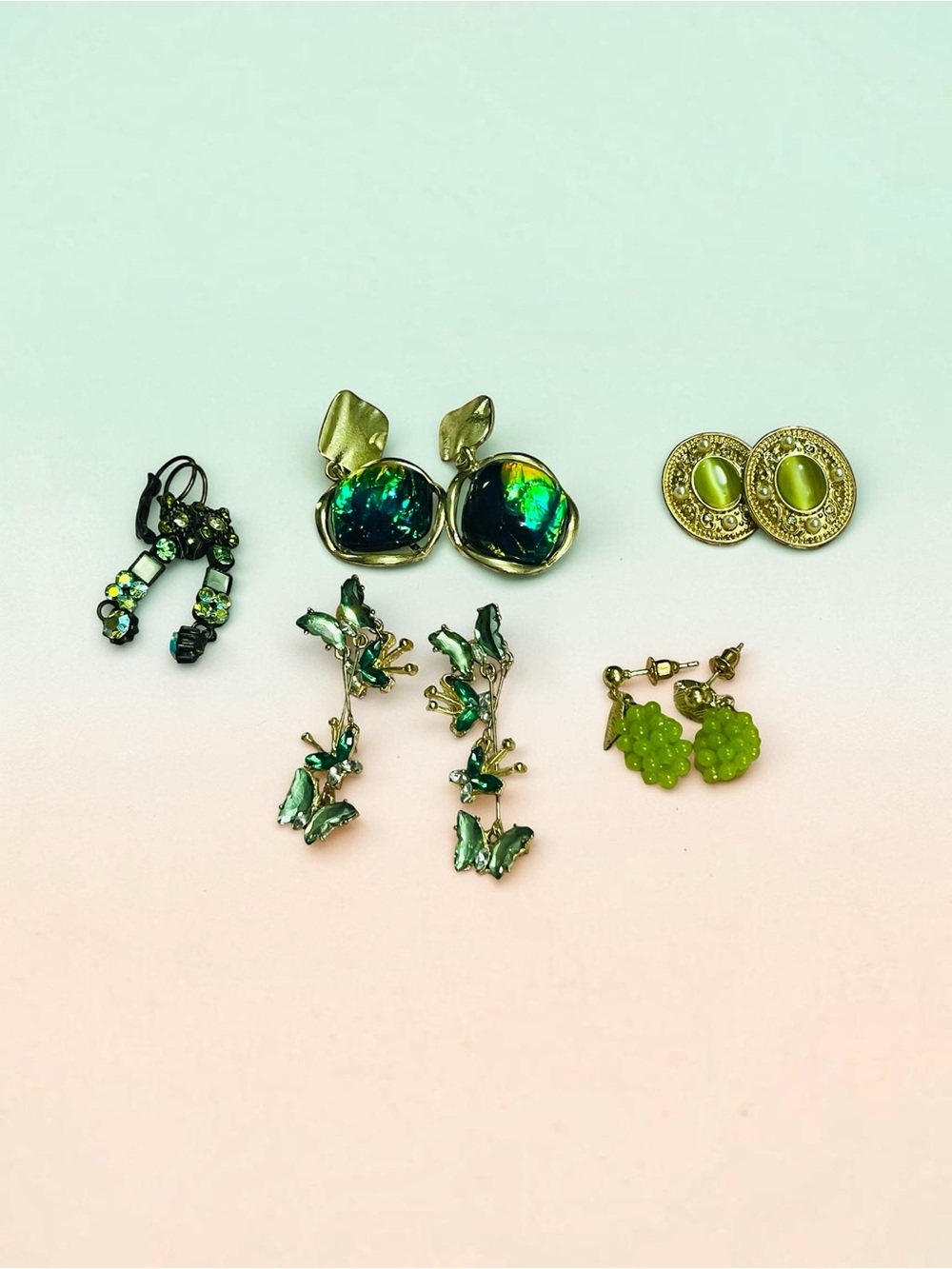 5 Pair Fairycore Whimsigoth Green Earrings BUNDLE Butterfly Gemstone set